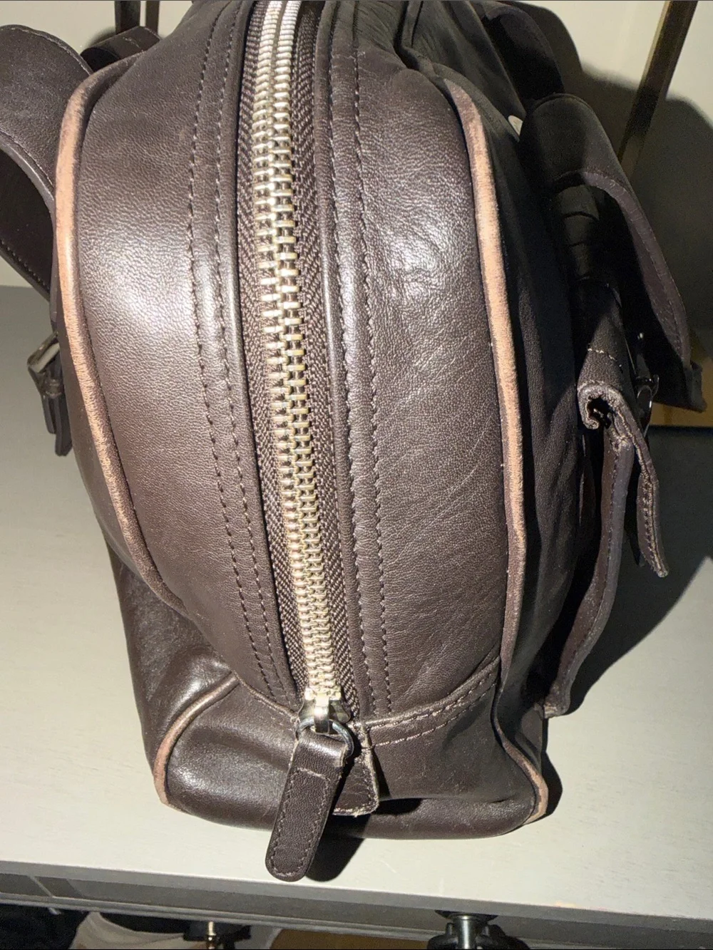 Furla Dark Brown Leather Messenger Bag with Front Buckle Pockets